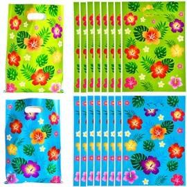 Boyuzcui 30 Pcs Luau Party Favors Bags - Blue Green Floral Printing Candy Treat Plastic Bags for Hawaiian Birthday Party Decorations Gifts