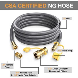 PatioGem 12FT 1/2 inch Natural Gas Hose with Quick Connect Fittings, Natural Gas Conversion Kit for Grill, Propane Hose for Fireplace, Heater, Burner, Grill, Generator - CSA Certified
