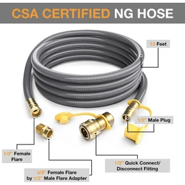 PatioGem 12FT 1/2 inch Natural Gas Hose with Quick Connect Fittings, Natural Gas Conversion Kit for Grill, Propane Hose for Fireplace, Heater, Burner, Grill, Generator - CSA Certified