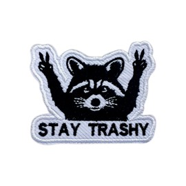 MEIYSTICK Stay Trashy Racoon Embroidery Patch for Clothes Backpacks Hats Jeans Bags, Raccoon Size 3" Iron Patch or Sew On Patches, Cute Animal Applique Embroidery Patches, Funny Gift for Girls Boys