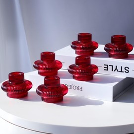 VOHO Vintage Red Candlestick Holders for Christmas Decorations, 6pcs Stackable Candle Stick Candle Holder for Valentines Day Decoration, Ribbed Taper Candle Holders for Candlesticks & Tea Lights