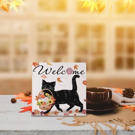 Fall Decor,Cute Black Cat Pumpkins Fall Decor Wood Box Desk Sign Decor,Fall Decorations for Home Indoor,Harvest Day Thanksgiving Tabletop Decor,5x5