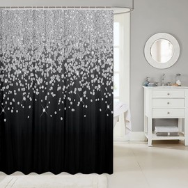 Silver Glitter Bath Curtain (No Glitter) Bling Party Decorations Shower Curtain Diamond Black Bathroom Fabric Shower Curtain Set for Stalls Bathtubs Waterproof Curtains Stalls Bathtubs Decor 72"x72"