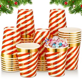 Layhit Disposable Christmas Cups 12 oz Candy Cane Striped Design with Gold Foil and Scattered Snowflakes Christmas Coffee Cups Holiday Paper Cups for Cold Beverage Xmas Party(50 Pcs)
