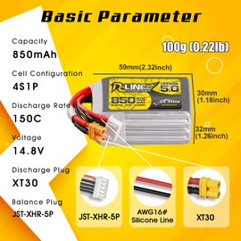 TATTU R-Line Version 5.0 4S Lipo Battery 14.8V 150C 850mAh Lipo Battery Pack with XT30U-F Plug