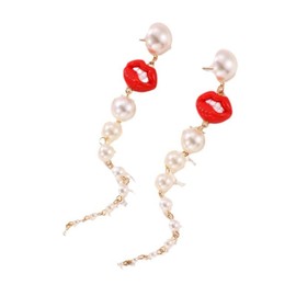 RoseJeopal Gold Pearl Tassel Earrings Women, Freshwater Pearl Stud Earrings Hanging with Cute Red Lip Pattern, Hypoallergenic Golden Earrings with Pearls for Women Girls, Sterling Silver