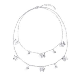 Vintage Double Row Necklace with Butterfly Pendant Silver for Women Girls Ladies, Boho Multi-Row 2 Rows Retro Butterfly Necklace Choker Chain Fashion Jewellery Girlfriend Mother Gifts, Metal