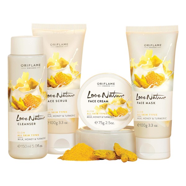 Oriflame Love Nature Facial Kit- Glow With Turmeric, Milk & Honey For All Skin Types & All Ages 4 pcs. 35524