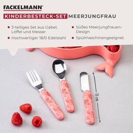Fackelmann Set Posate Bambini 3 Pezzi – Forchetta, Cucchiaio e Coltello in Acciaio Inox con Manici Ergonomici, Design Sirena Color Apricot, Lavabili in Lavastoviglie, Sicure e Adatte ai Bambini