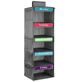 Weekly Clothes Organizer for Kids, 5 Shelf Polyester Hanging Closet Organizer Day of The Week Clothes Organizer, Monday-Friday Kids Daily Clothes Organizer for Hats T-Shirts Bags Towels (Gray)