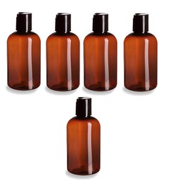 Natural Farms 5 Pack - 4 oz – Empty Squeeze Plastic Bottle - Amber Boston with Black Flip Top - for Essential Oils, Perfumes, Cleaning Products