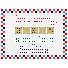 Scrabble Letters Cross Stitch Kit/Fun Joke Birthday Anniversary Card Embroidery Set with Aida, DMC Threads, Colour Chart and Aperture Card (60 Sixty)
