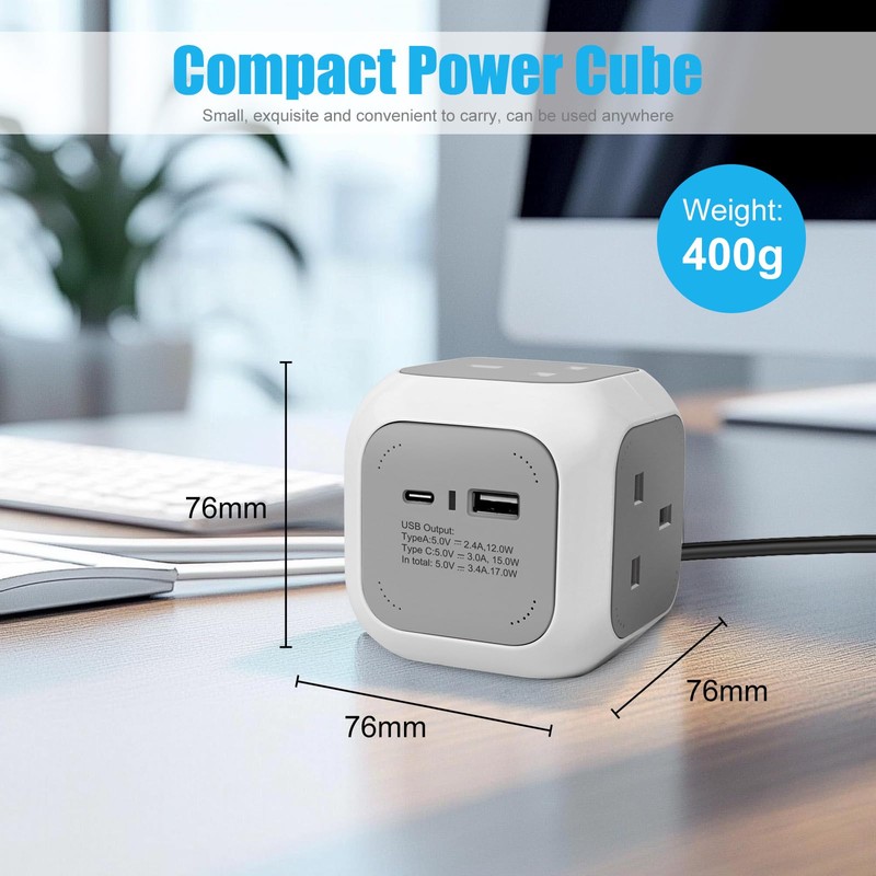 EXTRASTAR 4 Way Cube Extension Lead 1.5M, Power Cube Usb