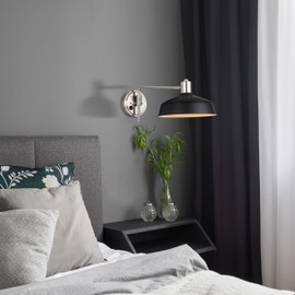 Canarm Bello 1-Light Wall Lamp, 10-Inch Black and Silver with Metal Shade, Plug-in Task Lighting for Office, Bedroom or Living Room