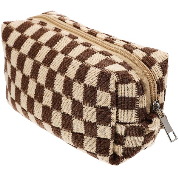 GALPADA Checkered Makeup Bag Wool Yarn Zipper Cosmetic Bag Toiletry Bag for Girls Travel, coffee, Fashionable