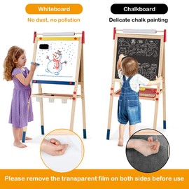 Costzon 3 in 1 Kids Art Easel with Paper Roll, Double Sided Adjustable Chalkboard & White Dry Erase with 4 Drawing Board Clips, Storage Bins, 26 English Alphabet Tiles for Toddlers (Natural)