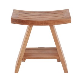 Nordic Style Natural Teak Shower Stool and Bench with Curved Seat and Shelf