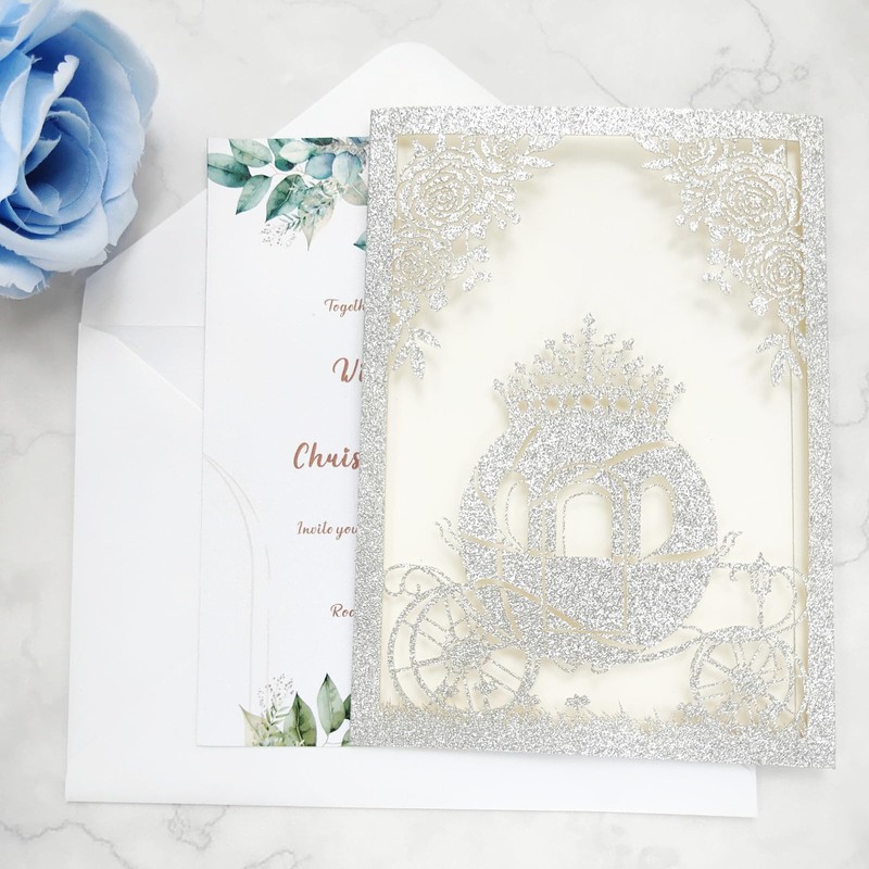 JOACHUUY 20PCS Princess Carriage quinceanera invitations,15 year,sweet 16 invitations,1 birthday