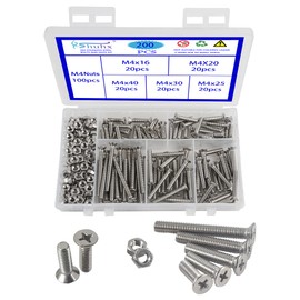 Rshuhx 200PCS M4 Cross Countersunk 304 Stainless Steel Machine Screws Bolts and Nuts Flat Head Phillips Screw Fastener Repair Tools Assortment Kit for Baby Crib Headboards Chairs Furniture
