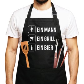 MoonWorks® BBQ Apron for Men with Saying "Ein Mann ein Grill ein Bier ein Grill" Cotton Apron Barbecue BBQ Meat Summer, A black grill