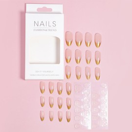 LRKNNO Gold French Tips Press on Nails Medium Stiletto Long Fake Nails Almond Shape Designs Full Cover False Nails Mirror Nail Tips Glue on Nails Acrylic Nails for Women Artificial Manicure 24Pcs