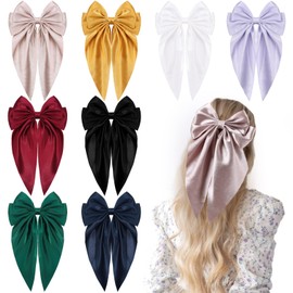 8Pcs Big Satin Layered Hair Bows for Women Girls, Large Barrette Hair Clip Long Black Ribbon Bows French Style Hair Accessories