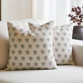 Amor Virisso Set of 2 Floral Block Print Pillow Covers 20x20 Inch, Vintage Flower Decorative Throw Pillowcovers Neutral Accent Farmhouse Pillows Home Decor for Sofa Couch Bed, Dusty Green