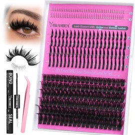 Yawamica Lash Extension Kit Wispy Lash Clusters 12-18mm with 14-20mm Spikes and 5-7mm Bottom Lashes DIY Manga Cluster Eyelash Extensions D Curly Waterproof Lashes Clusters Kit with Bond and Seal