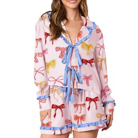 CocMouse Womens Summer Short Pajama Set Heart/Lip Print Long Sleeve Tie Front Top Drawstring Shorts 2 Piece Sleepwear Set (Pink, S)