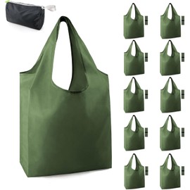 BeeGreen 10 Packs Dark Green Reusable Shopping Bags X- Large Kitchen Reusable Grocery Bags for Groceries Durbale Foldable Gifts Tote Bags Waterproof Machine Washable
