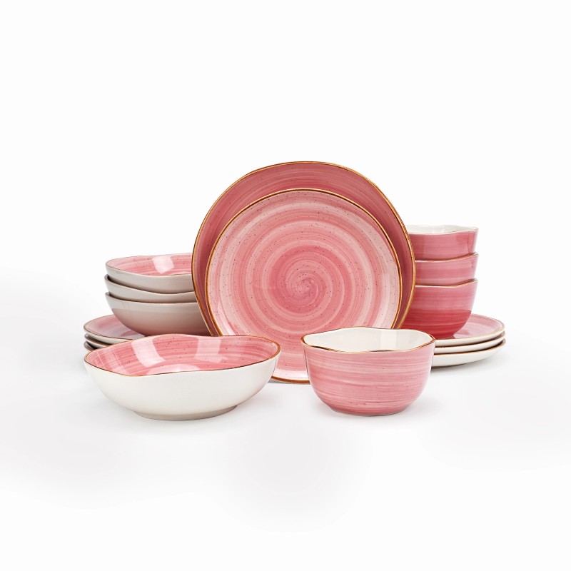 16pc Pink Irregular Sonoma Ceramic Stoneware Dinnerware Set Elegant Partical