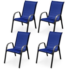 MEDIMALL Patio Chairs, Stackable Patio Chairs Set of 4, Blue Lawn Chairs with Armrest & Breathable Fabric for All Weather, Outdoor Dining Chairs for Yard, Poolside, Balcony, Garden