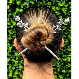 Medieval Metal Elegantes Palitos Para El Pelo Con Forma De Rosa | Accesorios Plateados Y Dorados Para Moños (Plata)
