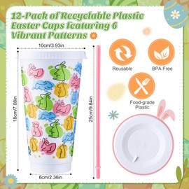Funnymoom 12 Sets Easter Plastic Cups with Lids and Straws 24 oz Easter Egg Bunny Cups Colorful Reusable Cups for Easter Spring Party Drinkware Supplies
