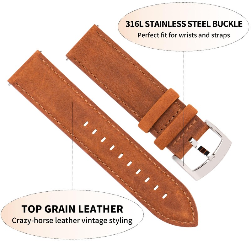 CORROPELLE Watch Band, Genuine Leather, Quick Release, 0.75, 0.7, 0.87,