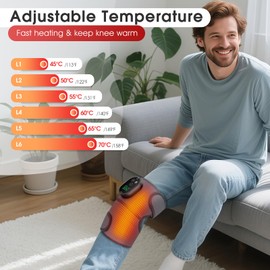 Cordless Heated Knee Massager with Vibration, Heated Knee Brace Wrap Heating Shoulder Brace Support Wrap for Knee Shoulder Elbow, Heating Pad with 6 Heating Levels, 3 Massage Modes & Timer (Grey)