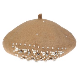 JK Home Pearl Rhinestone Wool French Beret Hat with 4pcs Fasten Snap Clips U-Shape Metal Clips, Women Classic Cashmere Warm Artist Painter Hat Newsboy Dome Bowler Cap Fancy Dress Theme Hats