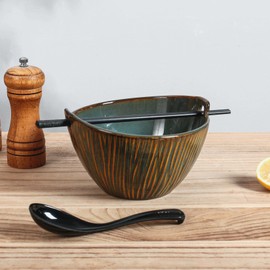 Ceramic Ramen Bowl with Chopsticks and Spoons Set, 6.7 Inch Noodle Bowl Set for Pho Udon Soba, Set of 2 (Ocean Blue)