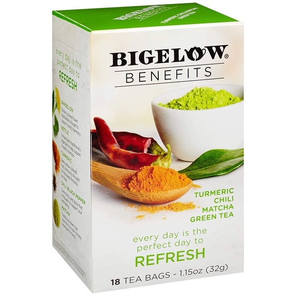Bigelow Benefits Refresh Turmeric Chili Matcha Green Tea Bags, 18 Count Box (Pack of 6), Caffeinated Green Tea,108 Tea Bags Total