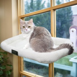 Cat Window Perch Cordless Cat Window Hammock Foldable Window Cat Bed for Indoor,Sturdy Metal Frame and Soft Reversible Cushions with 4 Suction Cups Cover Hold Up 40lbs (White,L)