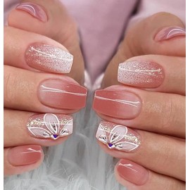 LANYOS 24PCS Press on Nails Short，Fake Nails with Nail Glue, Square False Nails Acrylic Nails Glue On Nails for Women Girls (Butterfly Dot Drill)