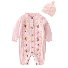 amropi Baby Girls Knitted Rompers and Hat Newborn One Piece Warm Sweater Jumpsuit Outfits 6-12 Months, Pink