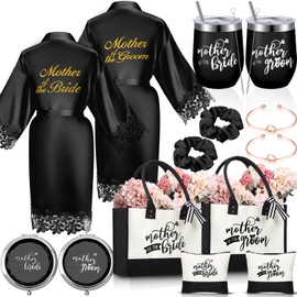 Suhine 14 Pcs Mother of the Groom and Bride Gifts Set Women's Satin Robe Canvas Tote Bag with Makeup Bag 12 oz Tumbler Cup Small Makeup Mirror Scrunchies Knot Bracelet Wedding Gift for Mom(Black)