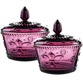 MASSJOY Set of 2 European Retro Nostalgic 3D Relief Purple Glass Jar Candy Jar Seasoning Jar with Lid