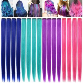 FAIRY COLOR Pack of 16 Princess Coloured Hair Extensions, Multi-Coloured Party Highlights, Synthetic Clip-On Hairpieces, Coloured Hair Extensions (Blue Purple Teal Pink)