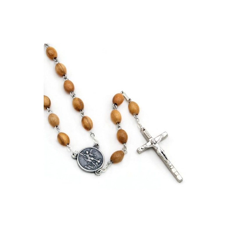 St. Michael Medal Rosary Olive Wood Beads Metal Crucifix
