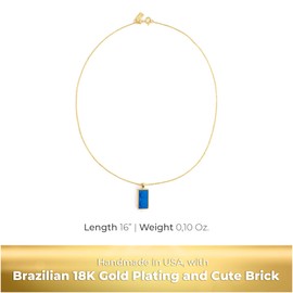 Twin Brick Charm with 18K Gold Plated Chain 16’. Delicate Necklace with Original Brick Piece Pendant from our Golden Hug Collection. Very Special Jewelry with a Unique Style by Re-Do Bricks® (Blue)