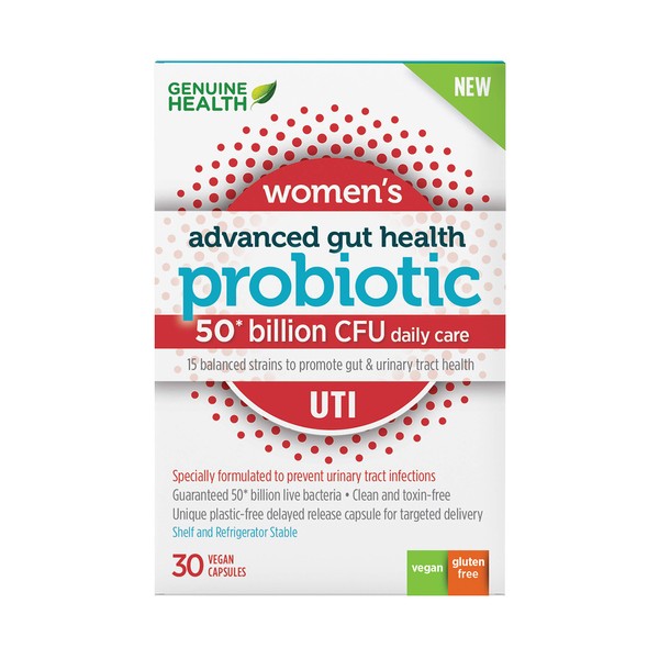 Genuine Health UTI Probiotic, 30 count, 50 Billion CFU, Natural daily UTI support and relief, 15 diverse and balanced strains per capsule, Dairy, soy & gluten-Free, Non-GMO, Vegan