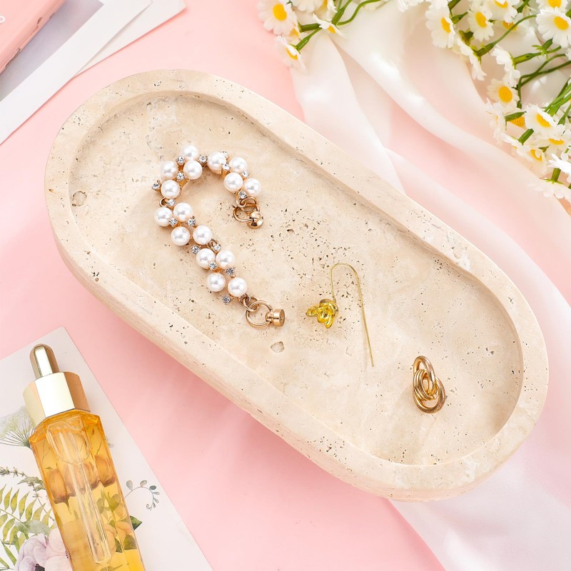 GlikCeil Natural Travertine Oval Tray with Legs 10 Inches Marble