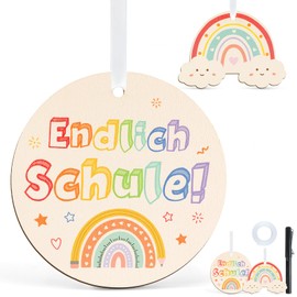 GluckGeschenk School Decoration Pendant Wooden School Cone Set - "Finally School" Double-Sided Print + Rainbow and Pencil - Name Pendant School Child 2025 First Day of School & School Cone Decoration